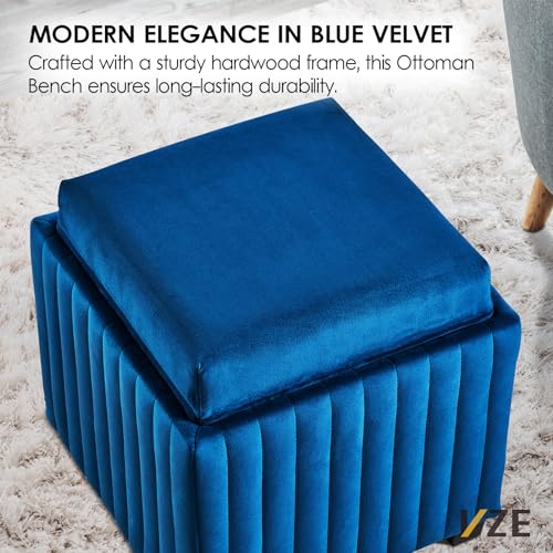 18-Inch Square Cube Storage Ottoman Bench with Coffee Tray, Beige Velvet X85429