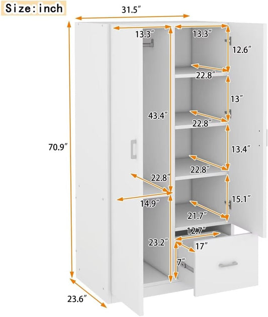 Wooden Wardrobe with Double Doors, 5 Shelves and Drawer, White C675