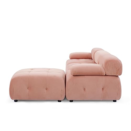 Pink Velvet Sleeper Sofa Bed with Ottoman Solid Wood Frame S22538