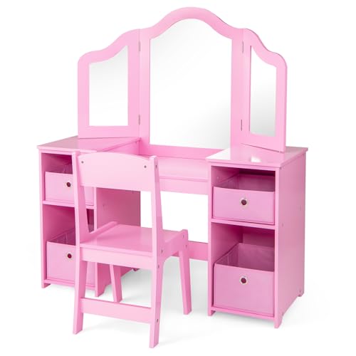 Costzon Kids Vanity 2-in-1 Princess Makeup Desk with Tri-fold Mirror, White Z72187