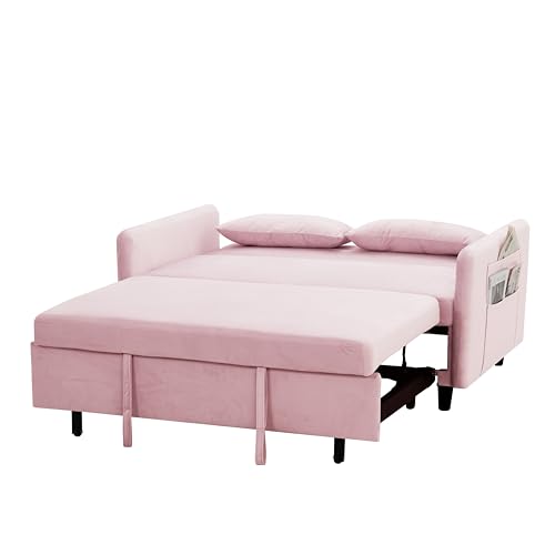 Pink Velvet Sleeper Sofa Couch Bed 3-in-1 with Two Pillows G42230