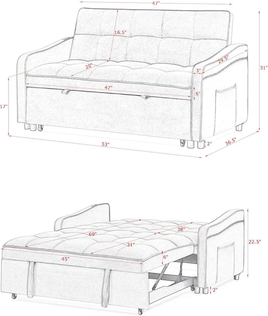 3 in 1 Convertible Sleeper Sofa Couch with Pull Out Bed, Small Futon Loveseat V25033