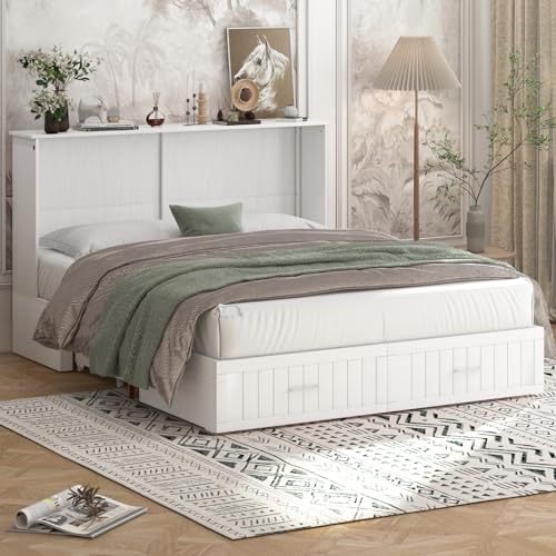 BALUS 64" W Murphy Bed Cabinet Queen with Mattress, Stone Grey I6760