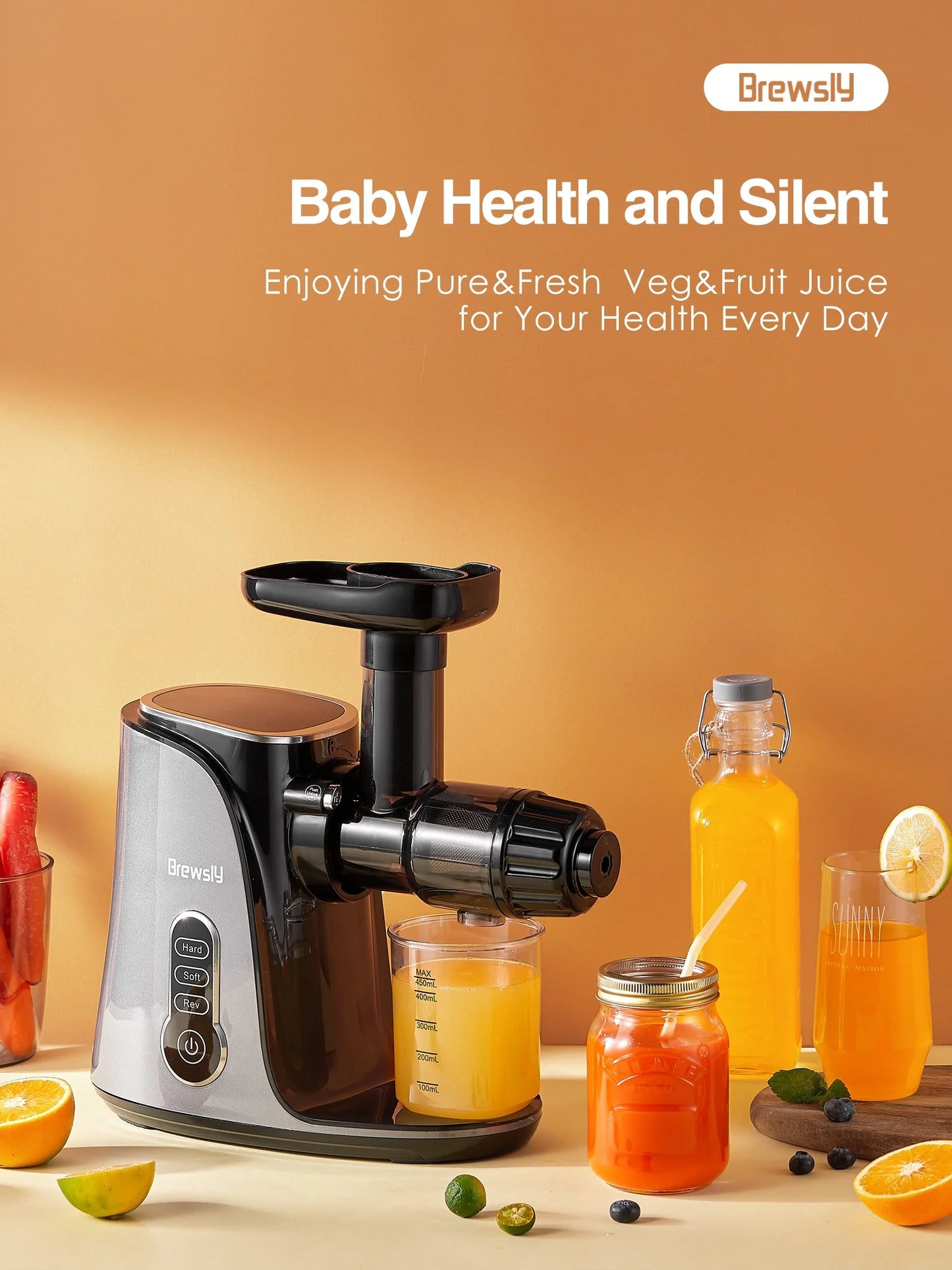 Brewsly Slow Masticating Juicer, Easy to Clean, Black X49516