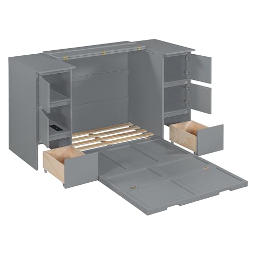 Merax Murphy Bed Full Size with Storage and USB Ports, White R4587