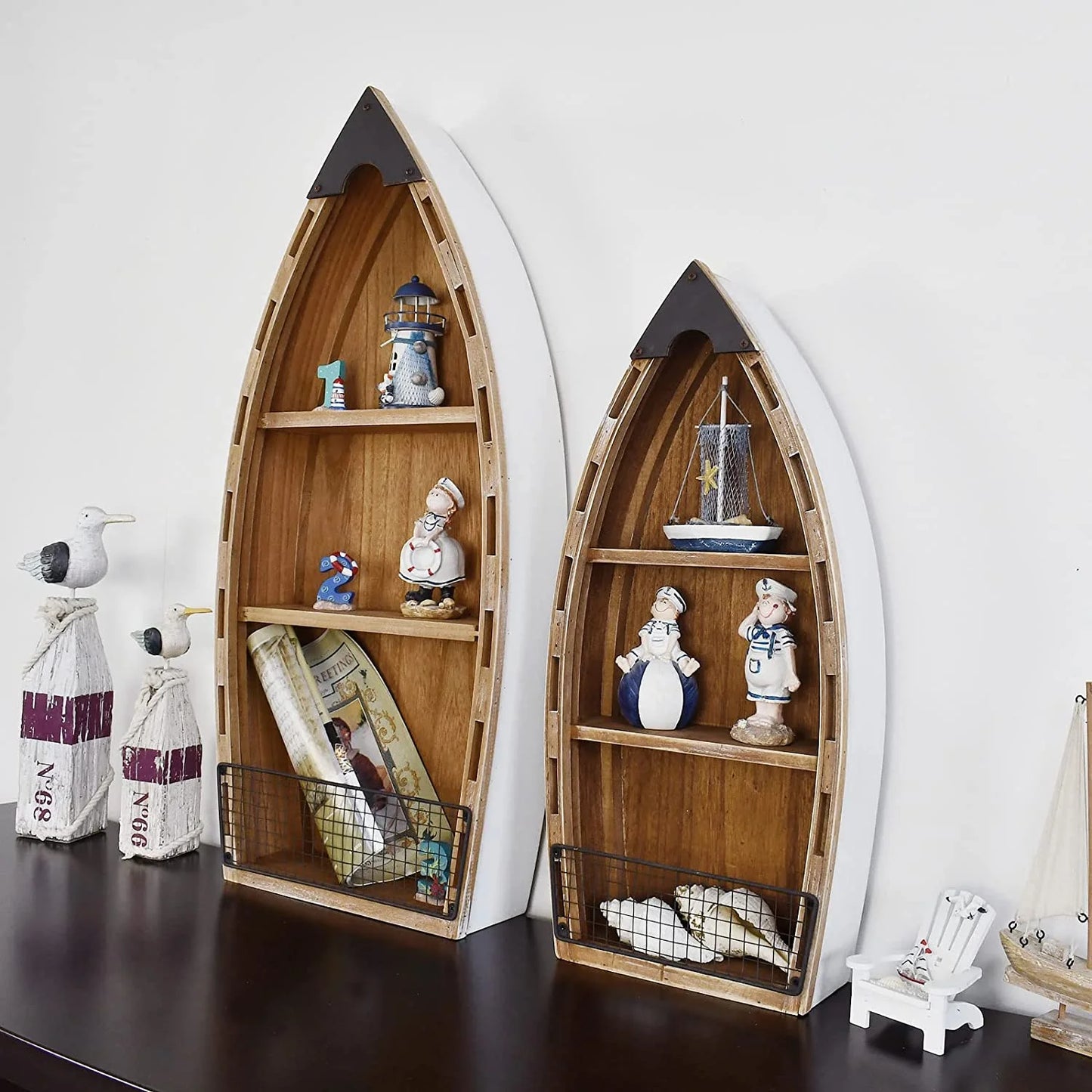 Wooden Boat Decor Hanging Shelf with 3 Tiers for Wall, Rustic Nautical Beach Theme Q5944