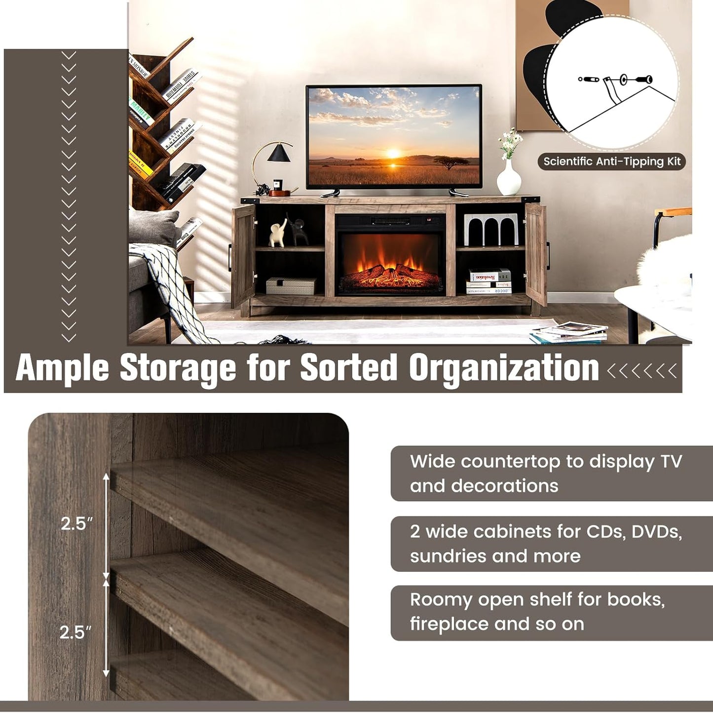 COSTWAY Electric Fireplace TV Stand for TVs up to 70 Inches, Farmhouse Media Center with Storage W3192