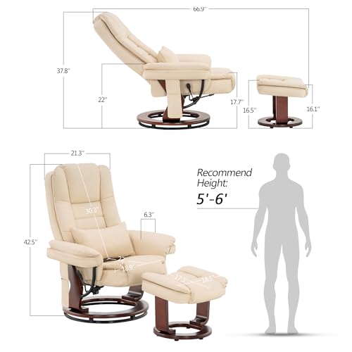 MCombo Recliner with Ottoman, Vibration Massage, Faux Leather Cream White T68744