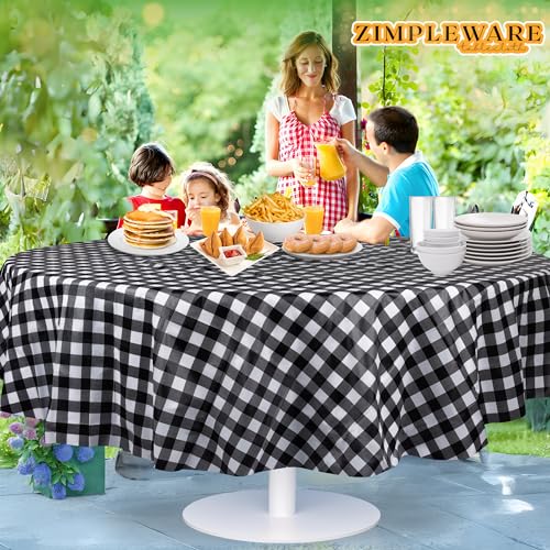 ZIMPLEWARE Red Gingham Checkered Plastic Tablecloth Disposable 84in Round (12 Pack) W571138