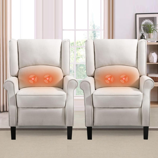 Amazon Brand- Set of 2 Wingback Recliner Chair with Massage and Heat- Accent Chair Push Back Chair for Living Room Bedroom(Beige)