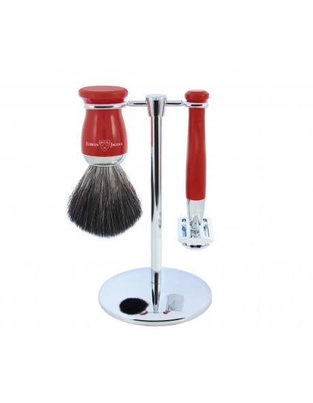 Edwin Jagger 3PC Set, Duble Edge Safety Razor, Shaving Brush, Red, Black Syntetic Fibre with Stand