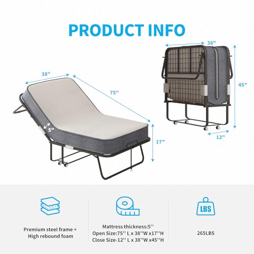 Mjkone Folding Bed with 5 Inch Memory Foam Mattress, Single Rollaway Bed for Guests H456