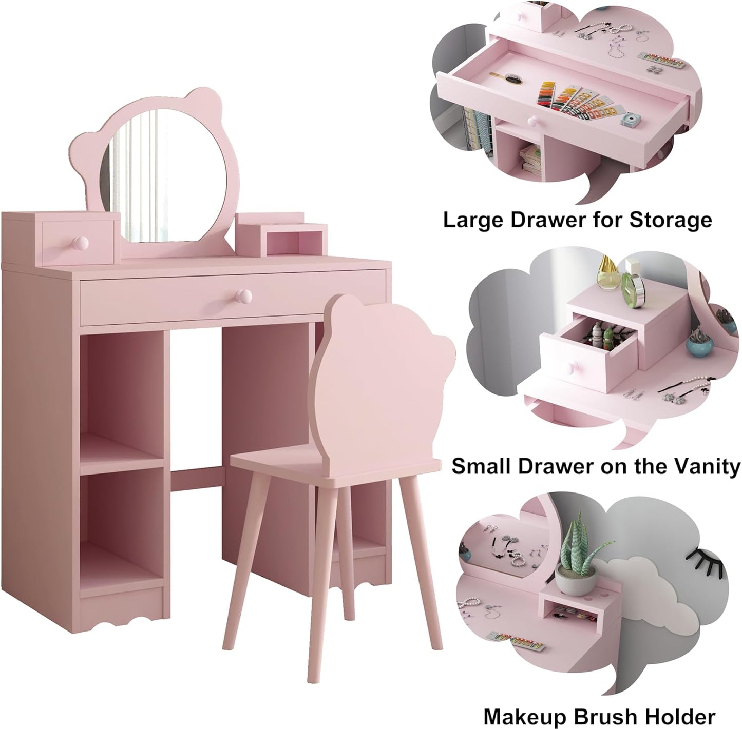 Kids Vanity Set with Mirror & Stool, Wooden Pink C28982