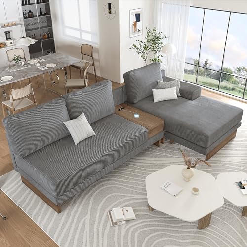 L-Shaped Sectional Sofa with USB Ports and Storage, Grey A35820