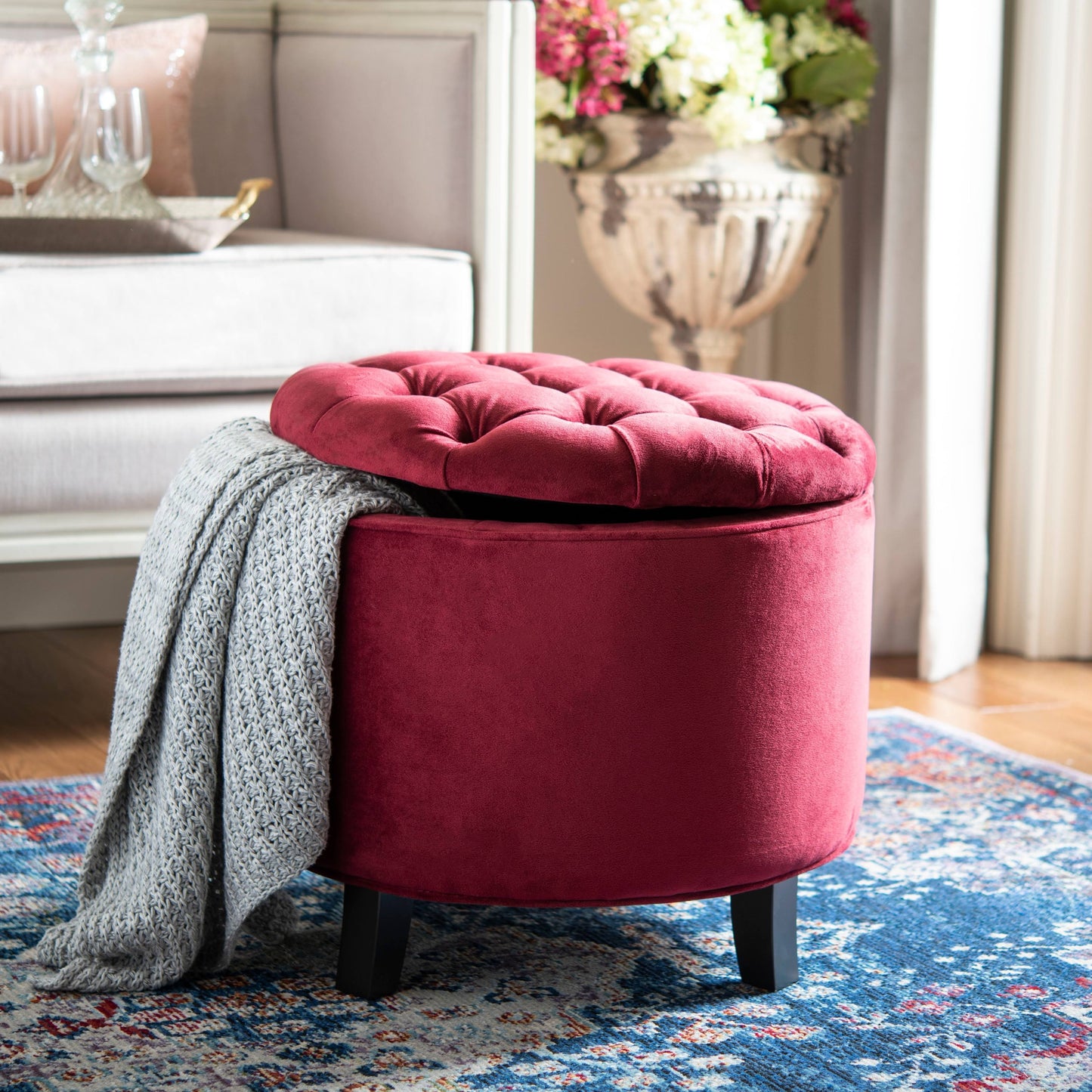 Safavieh Amelia Red Velvet Tufted Storage Ottoman N6567