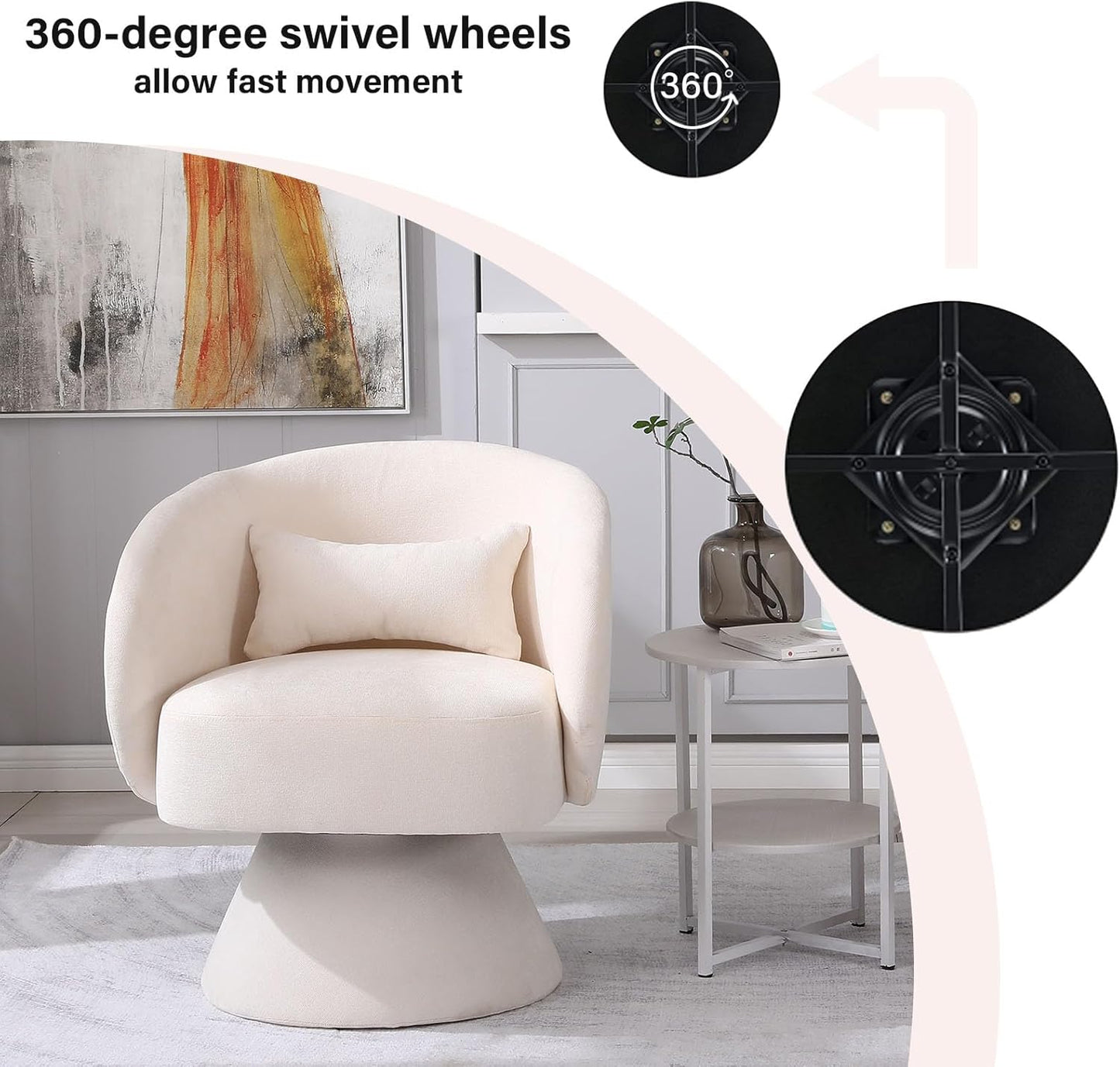 Swivel Barrel Chair with Pillow, Linen Fabric Accent Chair for Living Room Bedroom, Beige W4529
