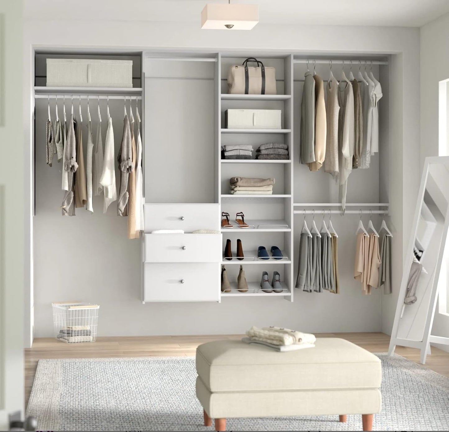 Dual Tower Closet Storage Organizer with Shelves and Drawers, White Y8278