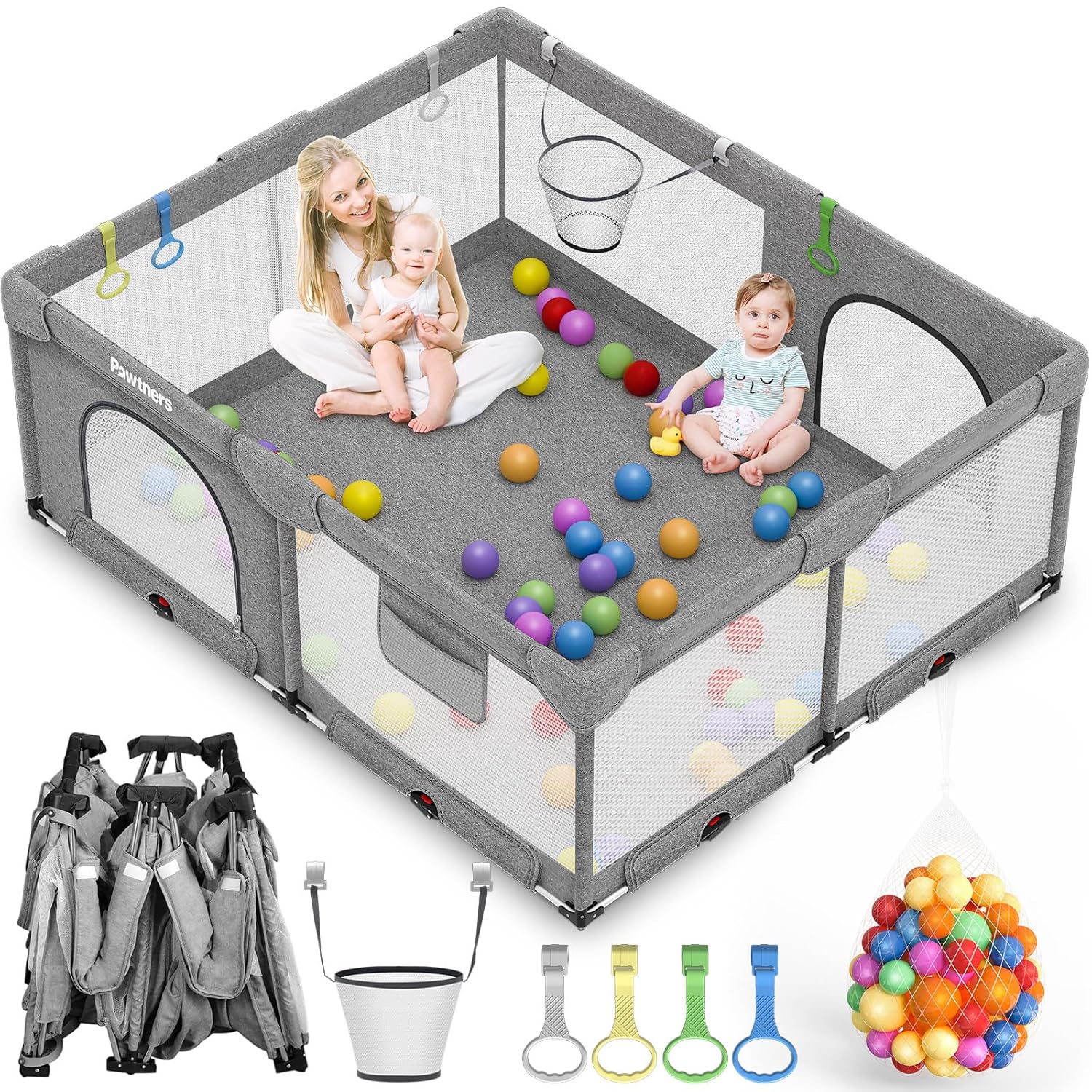 Foldable Playpen for Babies and Toddlers: 71"L x 59"W x 27"H, Large Kids Playpen, Portable Baby Play Yard for Indoor and Outdoor Play Area, Baby Gate Playpen with 50PCS Ocean Ball, 4 Handles, 1 Basket