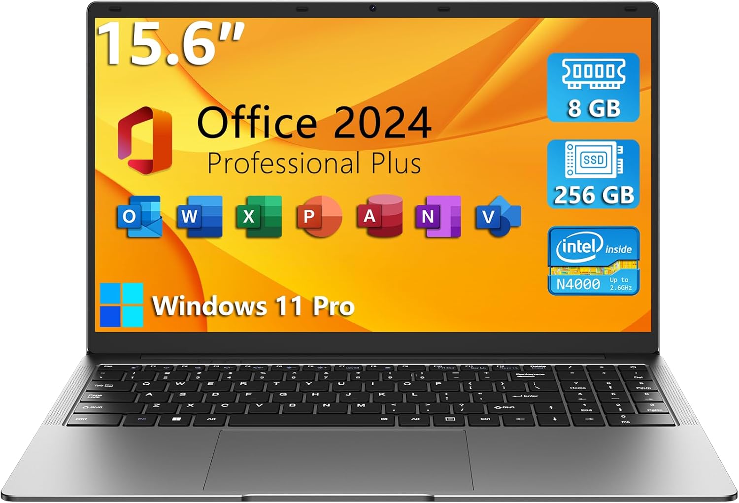 15.6" Windows 11 Pro Laptop, MS Office 2024, 8GB RAM 256GB Storage, Intel Celeron N4000(up to 2.6GHz) 100% sRGB Screen, 2.4G/5G Dual Band WiFi, BT4.2, USB-A, Long Battery Life, Silver