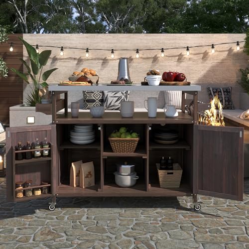 Outdoor Kitchen Island Rolling Bar Cart with Storage Cabinet, Solid Wood & Stainless Steel Top X328