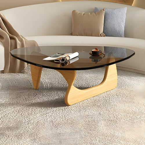 Triangle Glass Coffee Table,Noguchi Aesthetic Coffee Table, Vintage Coffee Table for Living Room- 32" L x 22.5" W x 16" H Tawny/Clear Glass Top Natural Solid Wood Base