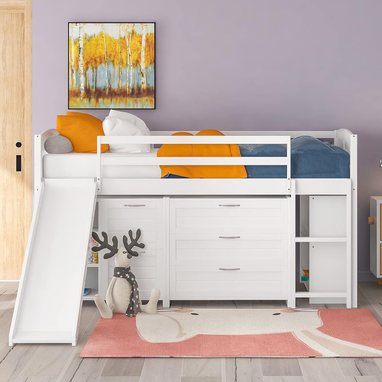 Twin Low Loft Bed with Slide, Storage Cabinets, Shelves, White B5467