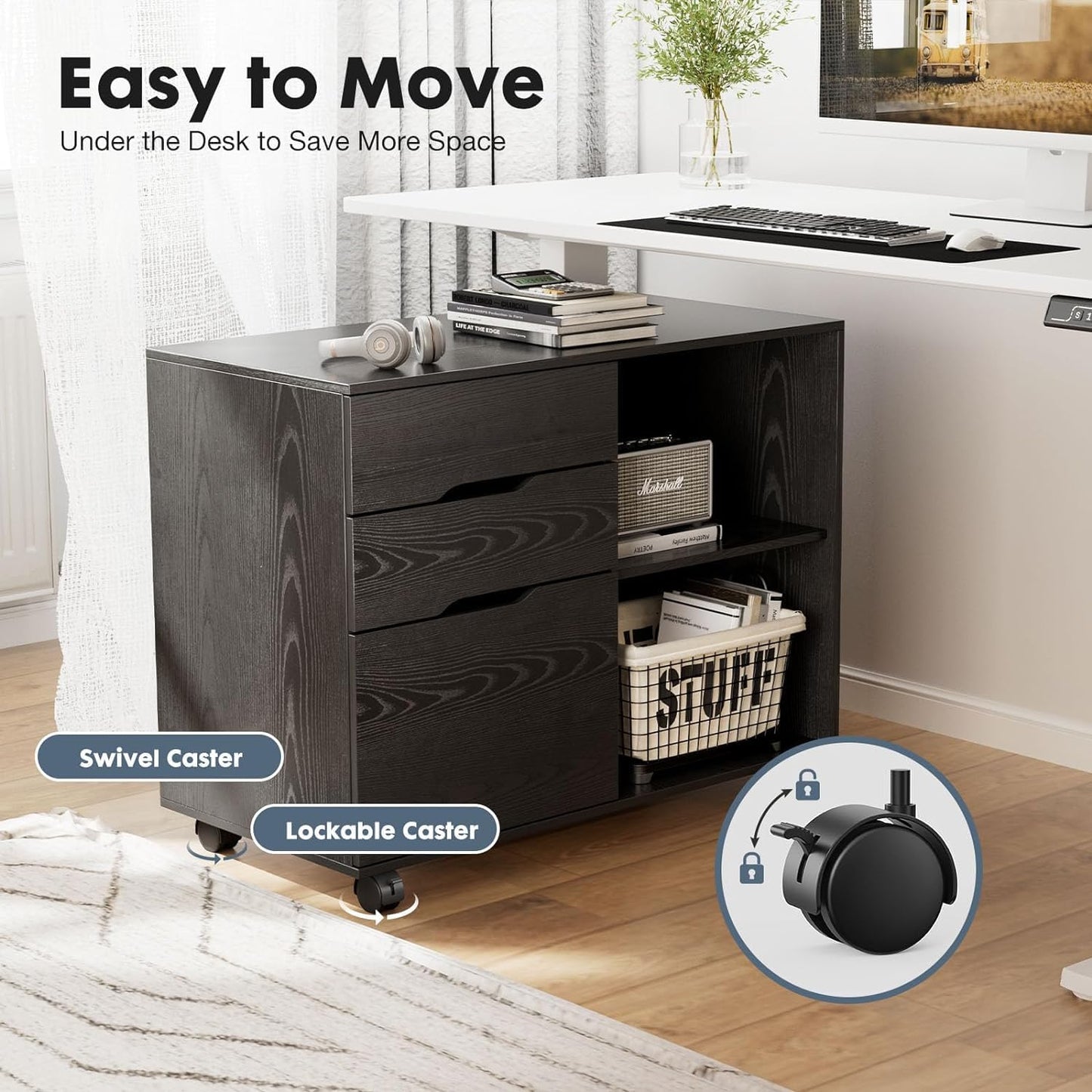 Lateral File Cabinet with 3 Drawers, Rolling Wooden Storage, Black Z6378