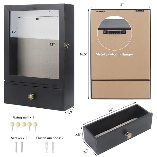 Shadow Box Frame 3.2" Deep with Real Glass and Drawer, Black J7816