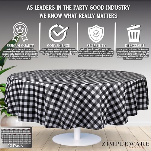 ZIMPLEWARE Red Gingham Checkered Plastic Tablecloth Disposable 84in Round (12 Pack) W571138