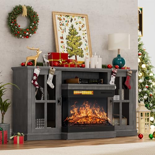 YESHOMY Glass Fireplace TV Stand for Televisions up to 65", Media Entertainment Center Console Table with Doors Closed Storage, Gray