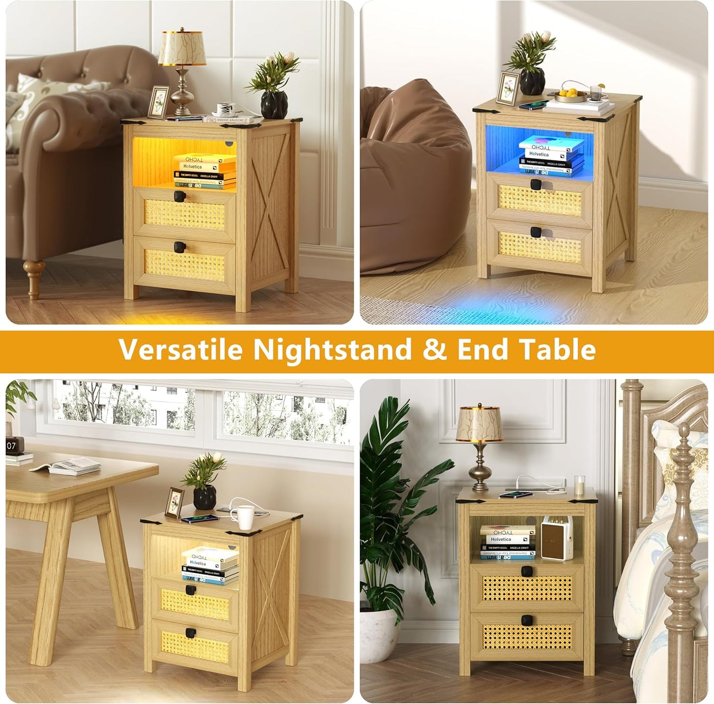Modern Nightstand Set of 2 with Charging Station and LED Light, Natural Wood R867733