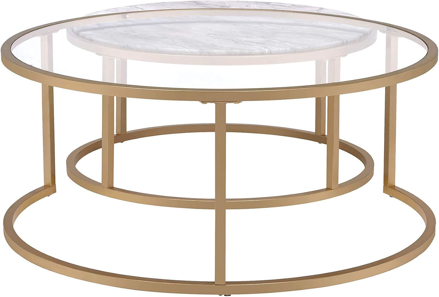 Knocbel Modern Nesting Coffee Table Set of 2, Faux Marble & Glass Top, Gold Metal Frame W86607