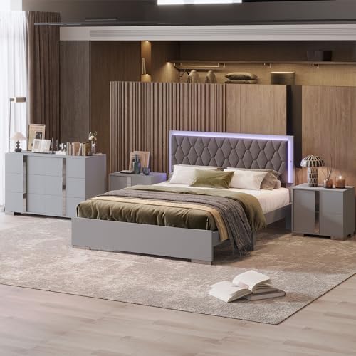 Queen Wood Upholstered Bed with LED Lights, 4-Piece Bedroom Set (Grey) A7583