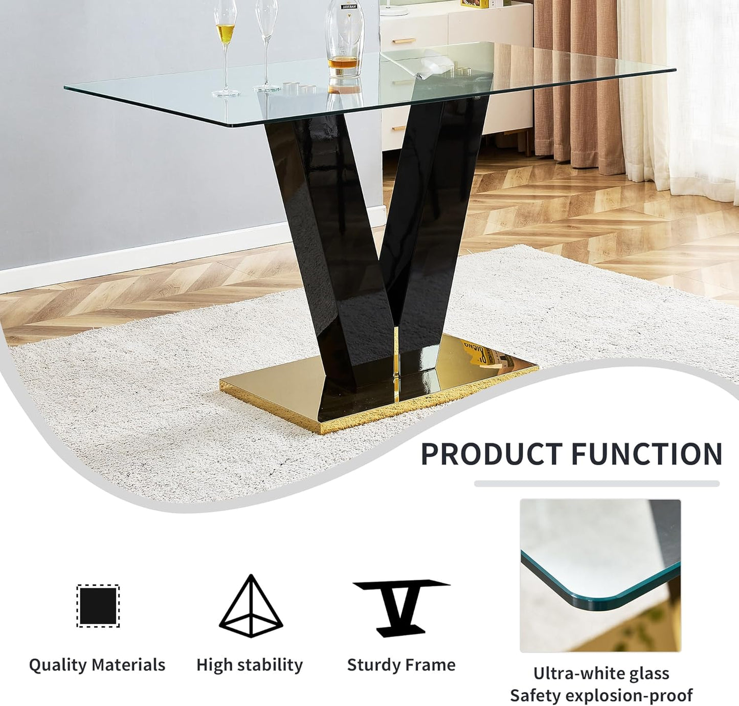 Modern Rectangular Glass Dining Table for 6-8, Tempered Glass Top G754553