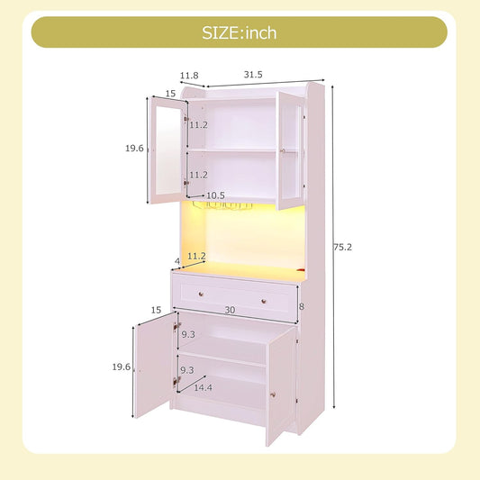 75.2" Pantry Cabinet with LED Lights and Charging Station, Wood Buffet Sideboard E42644