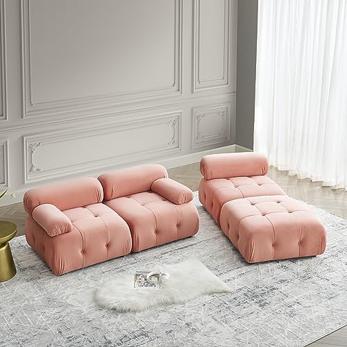 Pink Velvet Sleeper Sofa Bed with Ottoman Solid Wood Frame S22538