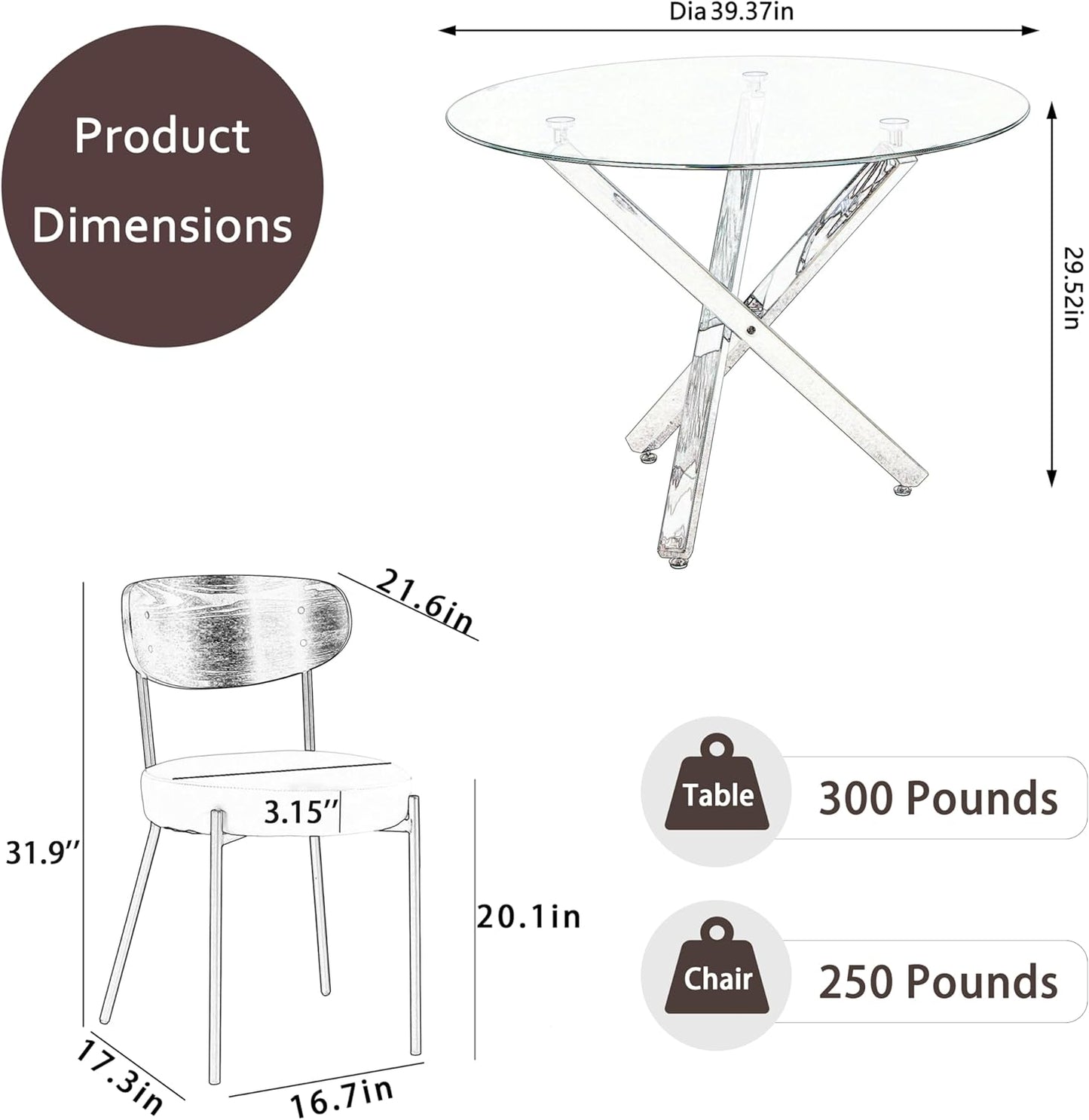 RGZ Round Glass Dining Table Set for 4, Mid Century Modern, 40'' with Beige PU Faux Leather Chairs A12551