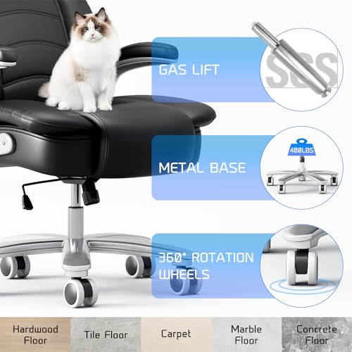 Big and Tall Office Chair 400lb Wide Seat High Back Leather Executive with Flip-up Arms P130