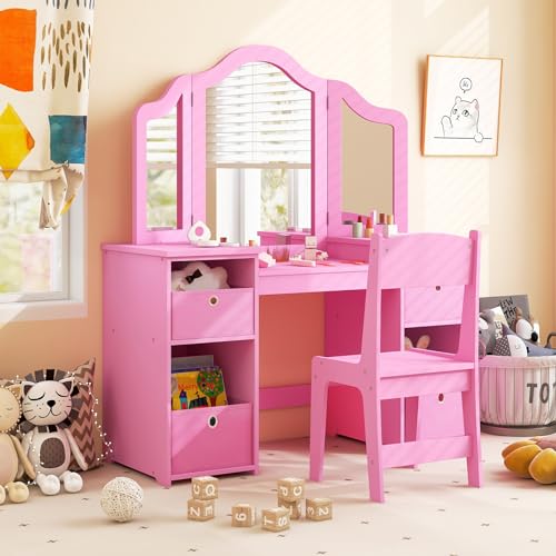 Costzon Kids Vanity 2-in-1 Princess Makeup Desk with Tri-fold Mirror, White Z72187