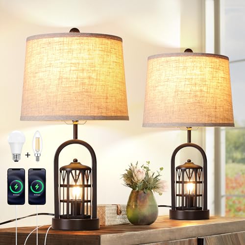 Farmhouse Table Lamp, 23" Rustic Table Lamp Set of 2 with Night Light, Vintage Lantern Table Lamp for Living room Bedroom, Bedside Industry Table Lamps with USB Ports, E26 E12 Socket (Brown)