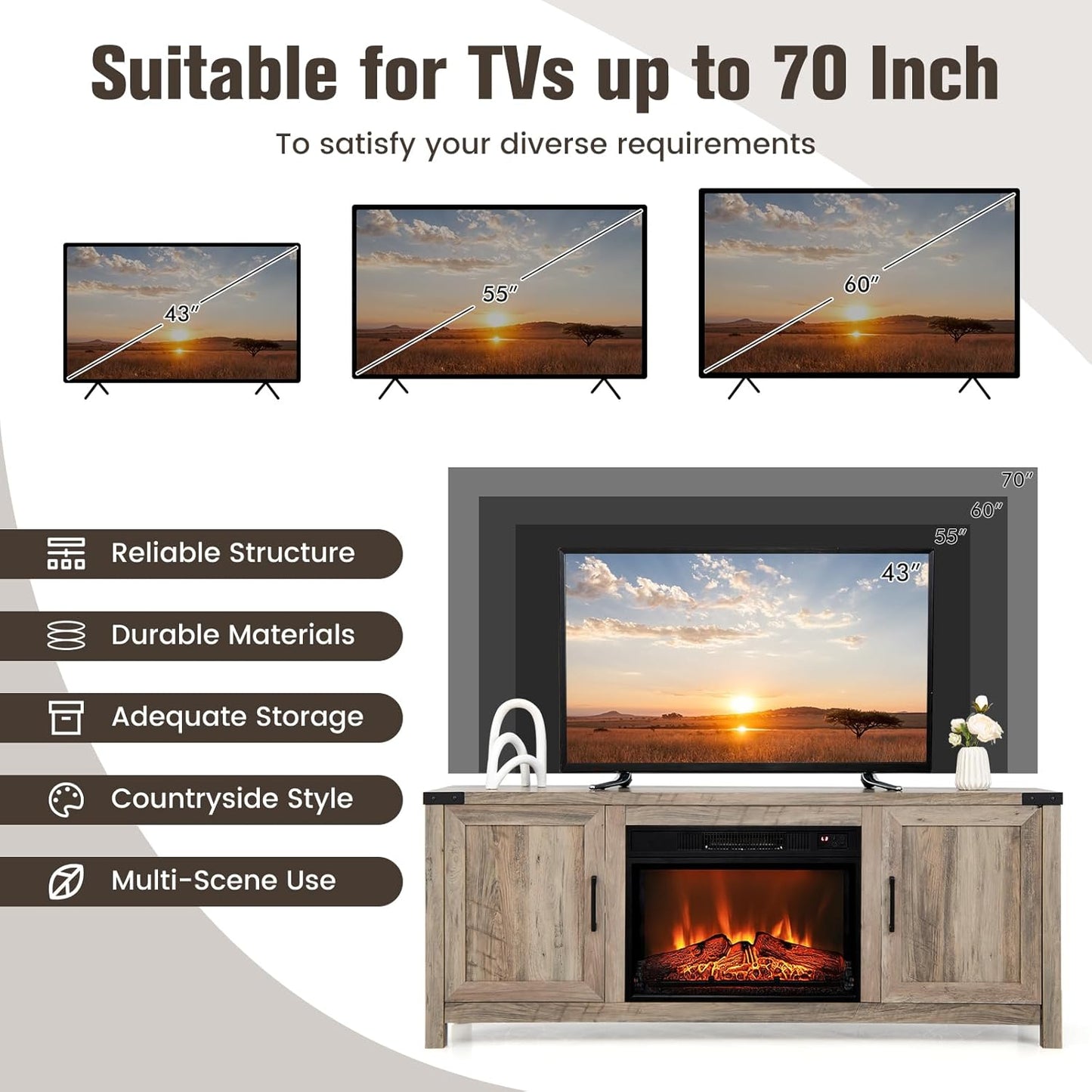 COSTWAY Electric Fireplace TV Stand for TVs up to 70 Inches, Farmhouse Media Center with Storage W3192