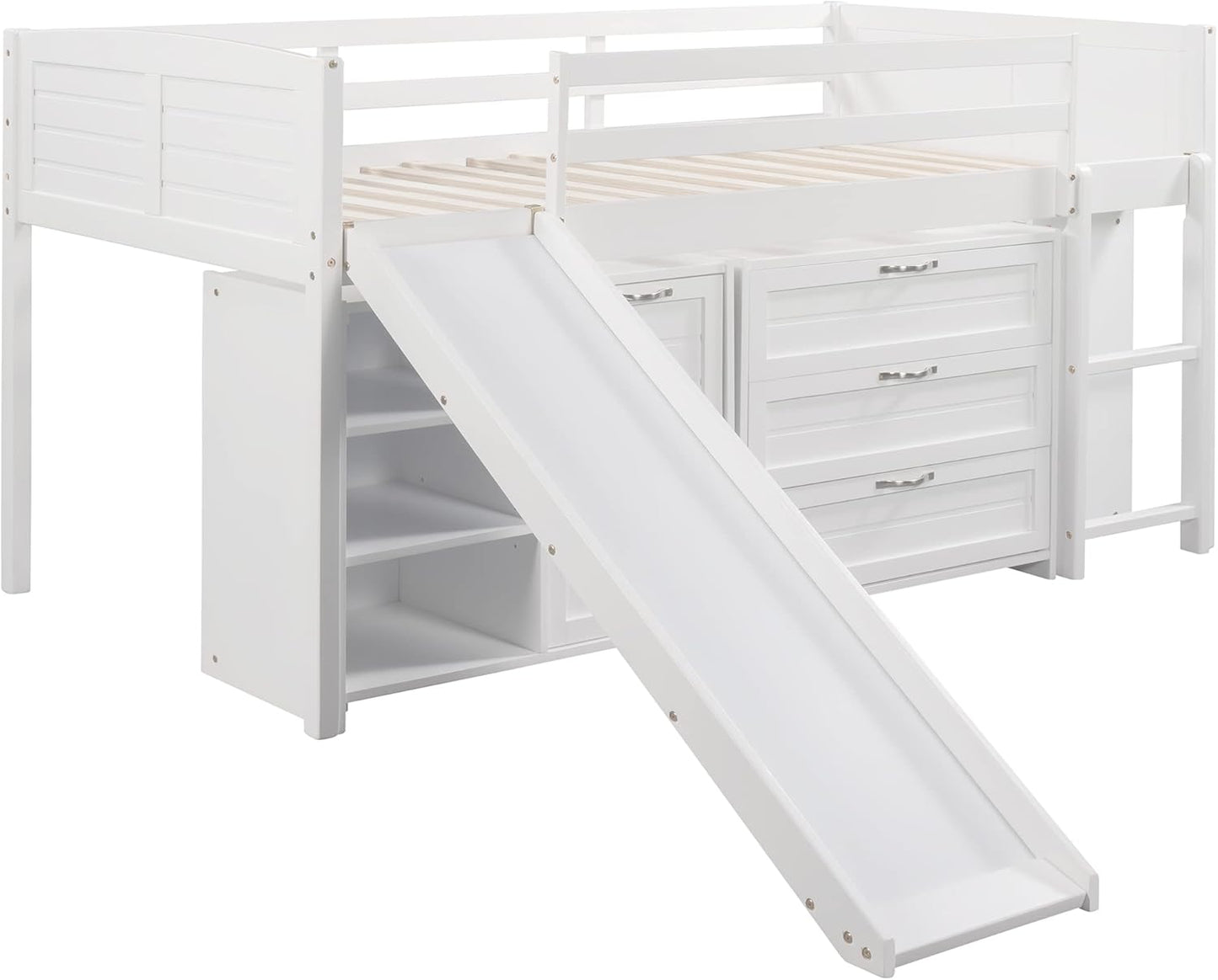 Twin Low Loft Bed with Slide, Storage Cabinets, Shelves, White B5467