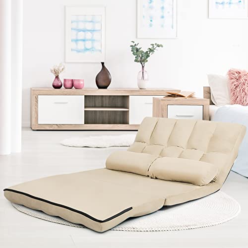 COSTWAY Floor Sofa Couch with 2 Pillows, Foldable Adjustable, Suede Fabric (Blue) J7217