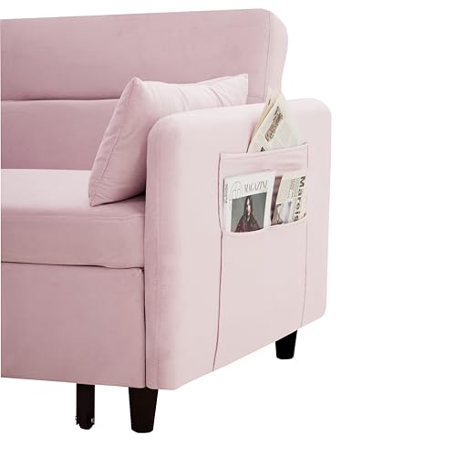 Pink Velvet Sleeper Sofa Couch Bed 3-in-1 with Two Pillows G42230