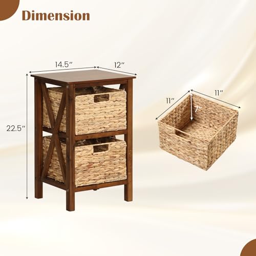 Giantex 2-Tier Nightstand with Wicker Baskets Set of 2, Wooden Side Table, Walnut C6960