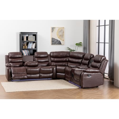 Manual Reclining Sectional Couch with LED Light, PU Leather L-Shaped Sofa, 9 Seater G569811