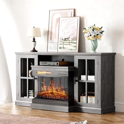 YESHOMY Glass Fireplace TV Stand for TVs up to 65", Gray C701