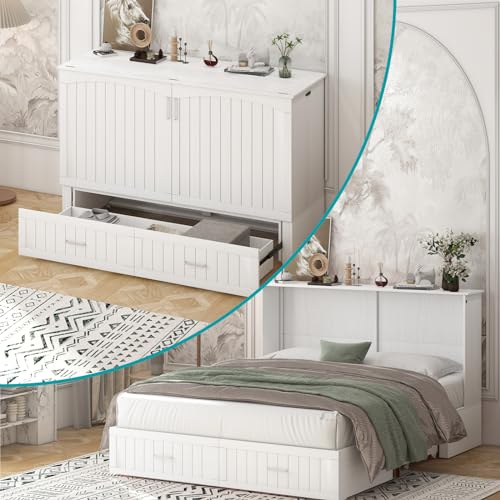 BALUS 64" W Murphy Bed Cabinet with Mattress,Murphy Bed Queen,Modern Muti-Functional Cube Cabinet Bed 2 Large Drawers&3 Level Folding Foam Mattress for Living Room/Apartment/Loft (Stone Grey)