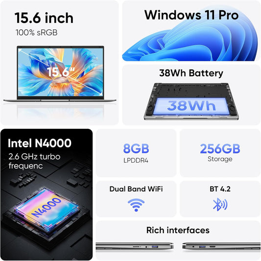 15.6" Windows 11 Pro Laptop, 8GB RAM 256GB, Intel Celeron, Silver N66160