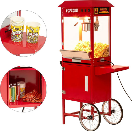 Vintage Popcorn Popper with Cart and Stand, 8 Oz. Stainless Steel Kettle, Red W979379